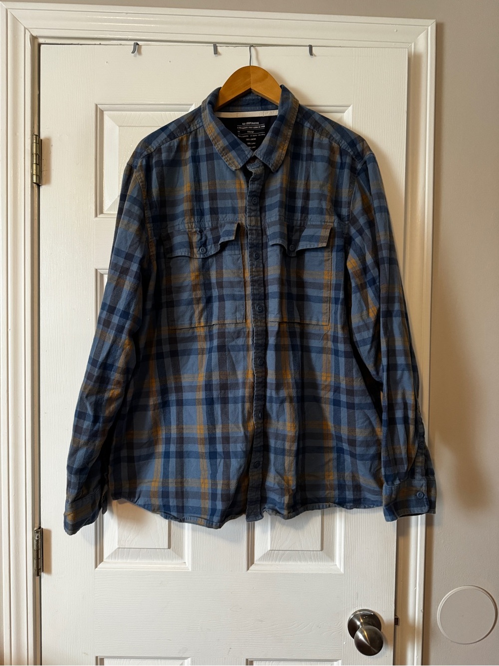 REI Co-op Men’s XXL Plaid Flannel Shirt 100% Cotton Long Sleeve Blue Gold